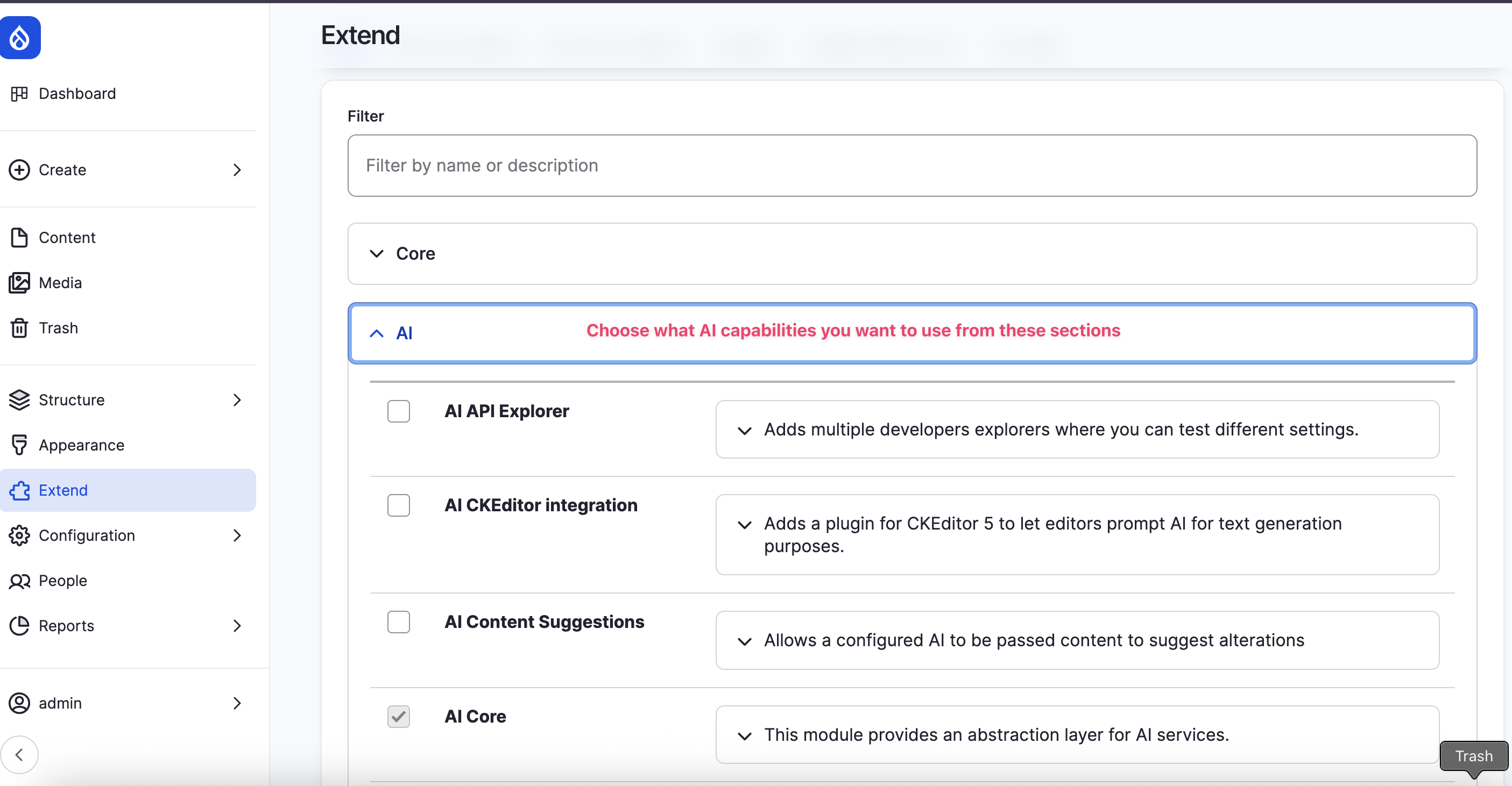 image shows choosing AI capabilities for free trial